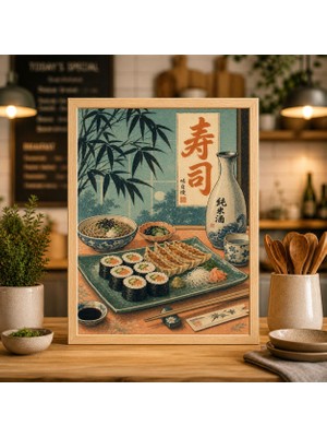 Ninastore Japon Suşi Posteri | Turkuaz ve Mercan Renklerinde Yemek Illüstrasyonu | Sake Mutfağı Duvar Sanatı