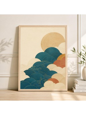 Ninastore Mavi Bej Dalga Poster Baskı Japon Soyut Duvar Sanatı Altın Çizgi Desenli Illüstrasyon