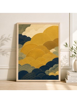 Ninastore Altın ve Krem Dalga Poster Baskısı Japon Seigaiha Duvar Sanatı Dokulu Geometrik Desen