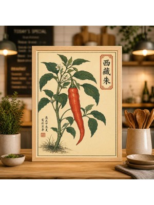 Ninastore Japon Acı Biberi Baskılı Vintage Botanik Illüstrasyon Mutfak Dekorasyonu
