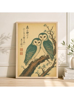 Ninastore Japon Baykuşu Posteri, Vintage Ahşap Baskı Kuş Resmi, Asya Duvar Sanatı Dekorasyonu