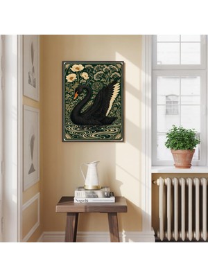 Ninastore Siyah Kuğu Kanadı Posteri Yeşil Linol Baskı Kuş Desenli Botanik Göl Duvar Sanatı