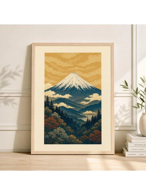 Ninastore Fuji Dağı Posteri Japon Ahşap Baskı Turkuaz ve Altın Duvar Sanatı