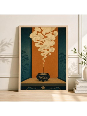 Ninastore Japon Tütsü Dumanı Sanat Baskısı Turkuaz Turuncu Zen Dekor Minimalist Ukiyo-E Poster