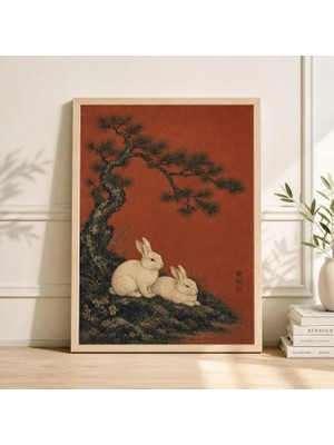Ninastore Kırmızı Tavşan Posteri | Japon Çam Ağacı Vahşi Yaşam Duvar Sanatı | Vintage Asya Hayvan Illüstrasyonu