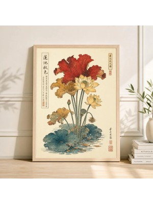 Ninastore Japon Sumi-E Lotus Baskılı Minimalist Zen Botanik Sanatı Ukiyo-E Su Zambağı Duvar Dekoru