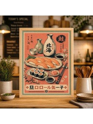 Ninastore Japon Suşi Posteri, Somon Nigiri ve Sake Illüstrasyonu, Mercan Mutfak Duvar Sanatı
