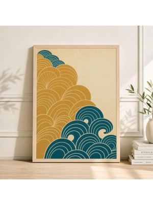 Ninastore Turkuaz Altın Soyut Poster Baskı | Japon Yaprak Desenli Duvar Sanatı | Mavi Çizgi Illüstrasyon