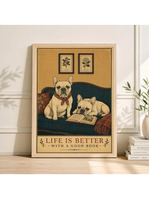 Ninastore Vintage Japon Tarzı Köpek Baskısı | Bej ve Yeşil Duvar Sanatı | Fransız Bulldog Posteri