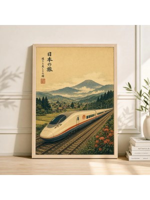 Ninastore Yeşil Yüksek Hızlı Tren Posteri Japon Demiryolu Manzarası Illüstrasyonu Vintage Seyahat Sanatı