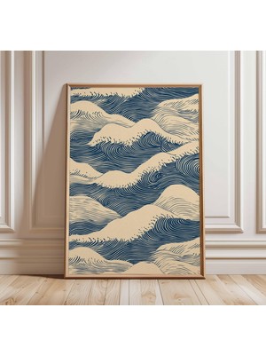 Ninastore Vintage Japon Mavi Dalga Desenli Poster, Modern Geometrik Duvar Sanatı, Soyut Retro Orta Çağ Tarzı Baskı, Cesur Ev Dekorasyonu