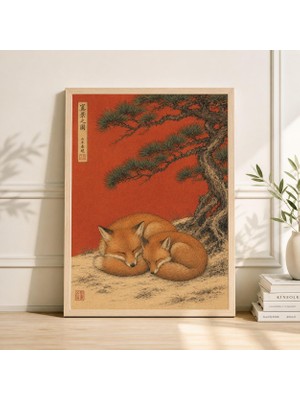 Ninastore Kızıl Tilki Posteri Japon Çam Ağacı Duvar Sanatı Vintage Vahşi Yaşam Illüstrasyonu