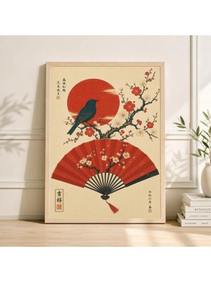 Ninastore Kırmızı Yelpaze Kuşu Posteri Japon Çiçekli Güneş Sanatı Oryantal Duvar Dekoru