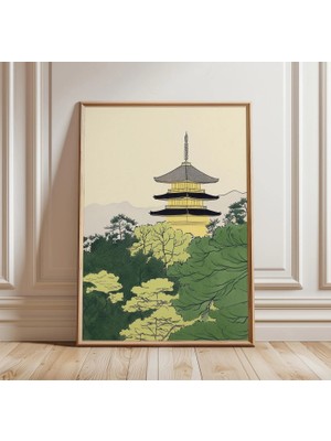 Ninastore Japon Pagoda Posteri Yeşil Kyoto Manzarası Duvar Sanatı Zen Baskısı