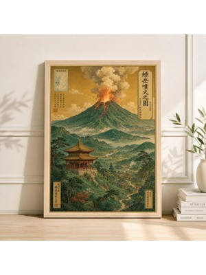 Ninastore Japon Volkan Manzarası Posteri | Yeşil Dağlar ve Tapınak Illüstrasyonu | Vintage Asya Duvar Sanatı