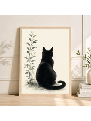 Ninastore Japon Kedisi Sanat Baskısı, Vintage Tarzı Siyah Kedi Suluboya Mürekkep Poster, Botanik Duvar Dekoru
