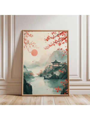 Ninastore Japon Manzara Duvar Sanatı, Kiraz Çiçeği Tapınağı Posteri, Huzurlu Ev Dekorasyonu Için Sakin Gün Doğumu Göl Baskısı