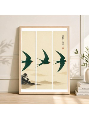 Ninastore Yeşil Kırlangıç ​​kuşu Duvar Sanatı Baskı Seti Japon Tarzı Uçan Kuşlar Minimalist Üçlü Dekor