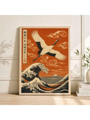 Ninastore Japon Turnası Posteri, Cesur Turuncu Dalga Illüstrasyonu, Ahşap Baskı Sanatı Tarzı