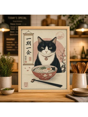 Ninastore Smokinli Kedi Ramen Posteri Japon Erişte Kasesi Duvar Sanatı Pembe Mutfak Dekorasyonu