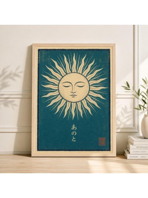 Ninastore Turkuaz Güneş Yüzü Posteri, Vintage Japon Ahşap Baskı Illüstrasyonu, Minimalist Astroloji Duvar Sanatı