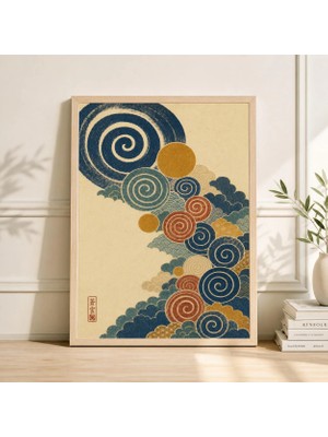 Ninastore Mavi Altın Çember Poster Baskı Bej Japon Soyut Duvar Sanatı Art Deco Spiral Illüstrasyon