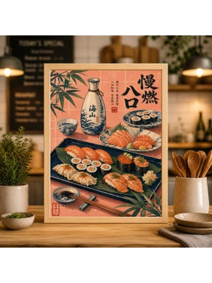 Ninastore Japon Suşi Posteri Pembe Asya Yemekleri Illüstrasyonu Sake Mutfak Duvar Sanatı