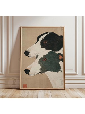 Ninastore Siyah Beyaz Tazı Posteri | Av Köpeği Çifti Portresi | Minimalist Japon Tarzı Duvar Sanatı