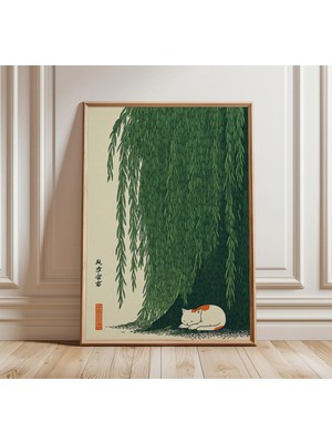 Ninastore Söğüt Ağacı Altındaki Kedi Duvar Sanatı Japon Tarzı Baskı Yeşil Doğa Posteri