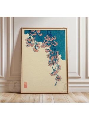 Ninastore Kiraz Çiçeği Sakura Posteri | Japon Botanik Duvar Sanatı Baskısı | Turkuaz ve Pembe Çiçek Illüstrasyonu