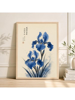 Ninastore Mavi Iris Çiçeği Sanat Baskısı Japon Botanik Posteri Suluboya Çiçekli Duvar Dekoru