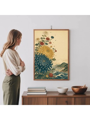Ninastore Soyut Botanik Poster, Yeşil Sarı Çiçekli Daireler, Japon Esintili Modern Doğa Duvar Sanatı