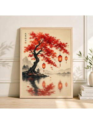 Ninastore Japon Asma Fener Posteri Kırmızı Akçaağaç Minimalist Zen Duvar Sanatı