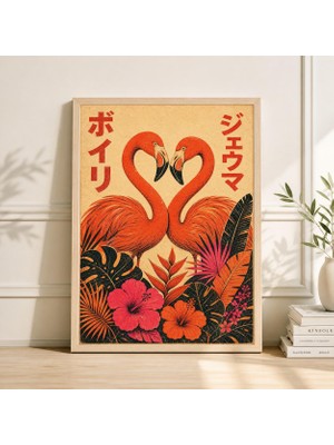 Ninastore Flamingo Posteri Pembe Turuncu Tropikal Kuş Illüstrasyonu Japon Tarzı Duvar Sanatı
