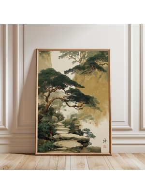 Ninastore Japon Bahçe Yolu Posteri Yeşil Bej Duvar Sanatı Orman Manzarası Illüstrasyon Baskısı Sakin Asya Doğası Ev Dekorasyonu Japon Vintage Sanatı
