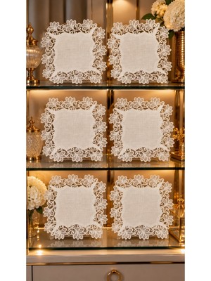 TeknoKapsül 6 Lı Krem Amerikan Servis Peçete Seti Vitrin Konsol Sehpa Örtüsü Gardenya Keten 35X35CM