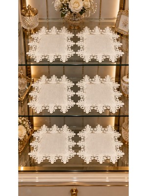 TeknoKapsül 6 Lı Krem Amerikan Servis Peçete Seti Vitrin Konsol Sehpa Örtüsü Gardenya Keten 35X35CM
