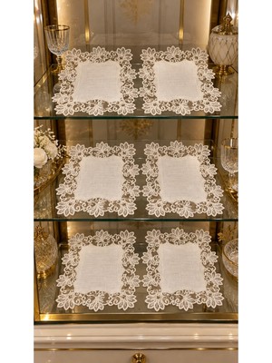 TeknoKapsül 6 Lı Krem Amerikan Servis Peçete Seti Vitrin Konsol Sehpa Örtüsü Gardenya Keten 35X35CM