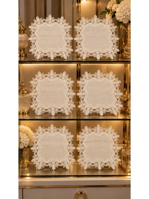 TeknoKapsül 6 Lı Krem Amerikan Servis Peçete Seti Vitrin Konsol Sehpa Örtüsü Gardenya Keten 35X35CM
