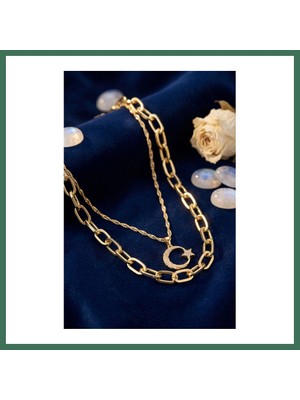 Bezos Gold Renk Pirinç Ay Yıldız Model Kombin Kadın Kolye Bss
