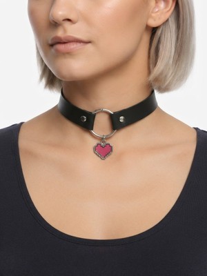 Feronnucci Siyah Pu Deri  Haç Figürlü Choker Kolye – Gümüş Renk Halka Detaylı Gotik Tarz Kadın Kolye GTK66 Pembe