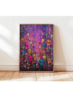 Ninastore Neon Kafatası Duvar Sanatı Baskısı Renkli Soyut Poster Gotik Çiçekli Sanat Eseri Psychedelic Kafatası Tablosu Canlı Alternatif Ev Dekorasyonu