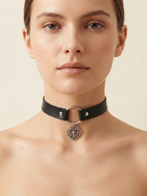 Feronnucci Siyah Pu Deri  Haç Figürlü Choker Kolye – Gümüş Renk Halka Detaylı Gotik Tarz Kadın Kolye GTK66 Siyah