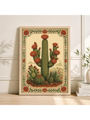 Ninastore Eski Meksika Kaktüsü Sanat Baskısı Renkli Çiçekli Saguaro Çöl Botanik Posteri