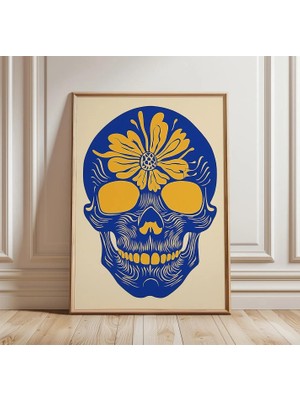 Ninastore Mavi Kafatası Posteri | Modern Çiçekli Kafatası Duvar Sanatı | Cesur Grafik Illüstrasyon Baskısı | Çağdaş Dekoratif Poster