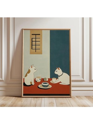 Ninastore Kedi Çay Saati Posteri | Minimalist Hayvan Duvar Sanatı | Japon Tarzı Iç Mekan Baskısı | Sevimli Mutfak Duvar Dekoru Posteri