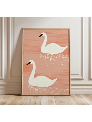 Ninastore Kuğu Posteri | Minimalist Su Kuşu Duvar Sanatı | Sakin Göl Baskısı | Iskandinav Dekorasyonu | Yumuşak Pembe Doğa Illüstrasyonu