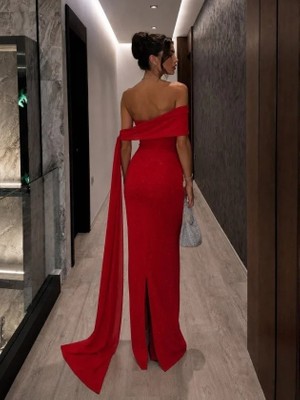 Mareandpanda Kadın Tek Omuz Taş Işlemeli Tül Pelerin Detaylı Simli Krep Elbise