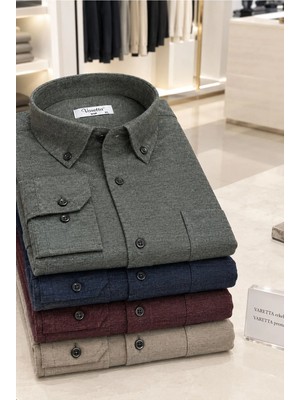Varetta Erkek Yeşil Kışlık Gömlek Rahat Geniş Kesim Cepli  Yaka Düğmeli Casual Gömlek