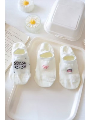 Hitit Socks Kadın 5 Çift Yumuşak Nefes Alabilen Karikatür ve Sevimli Kedi Desenli Görünmez Çorap